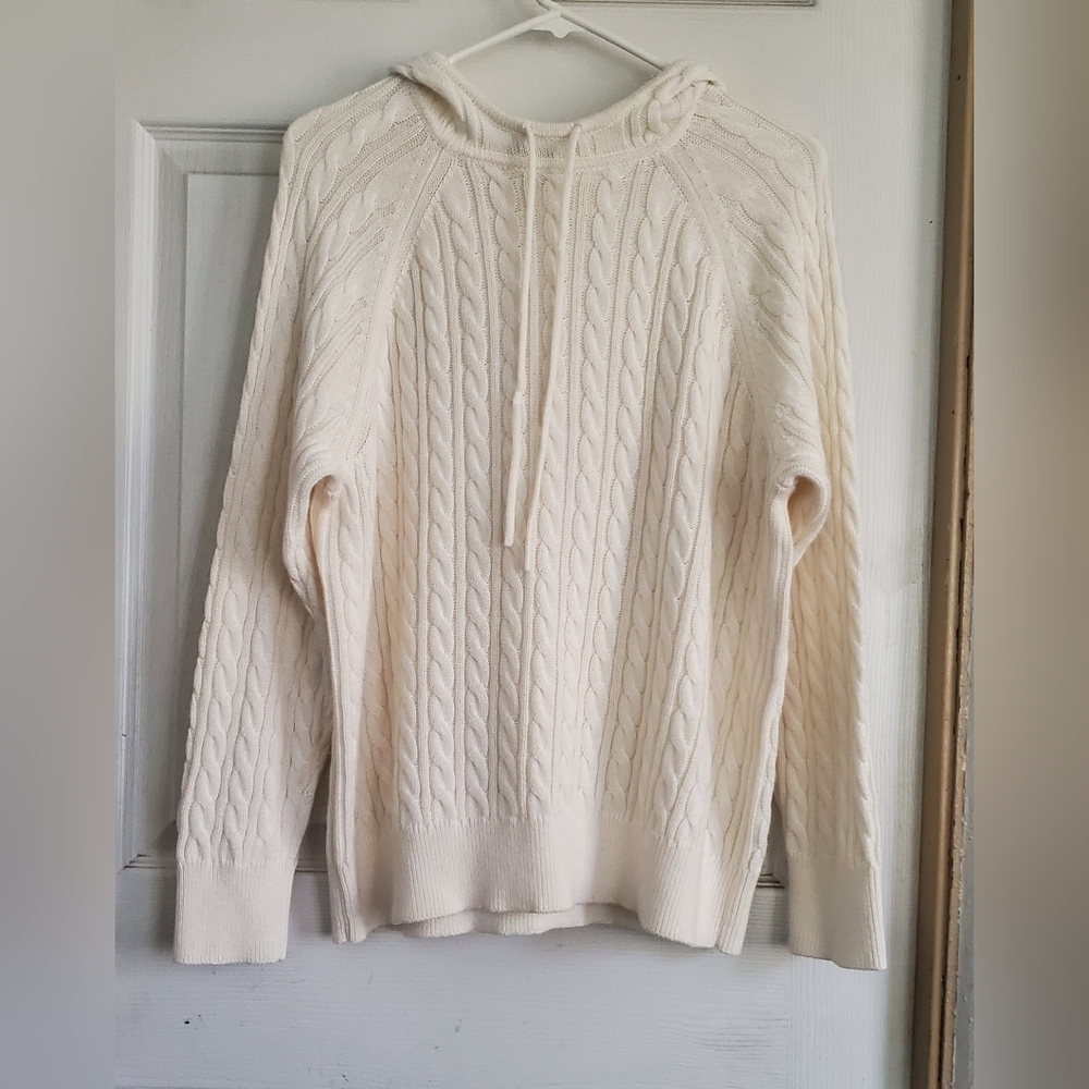 J Crew Cable Knit Womans Hooded Sweater, Size Large - Picture 2 of 6